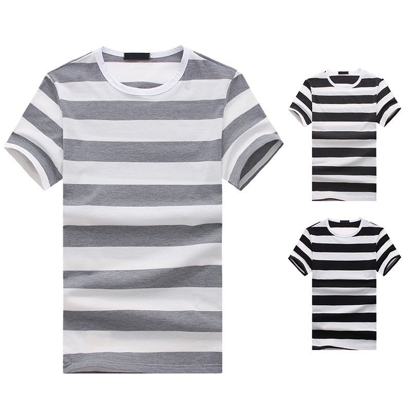 New style flat men's European size thick striped short-sleeved T-shirt Q09