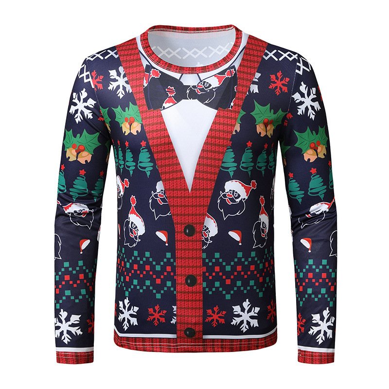 New 3D personality fake two-piece printing fashion men's Christmas long-sleeved T-shirt T39